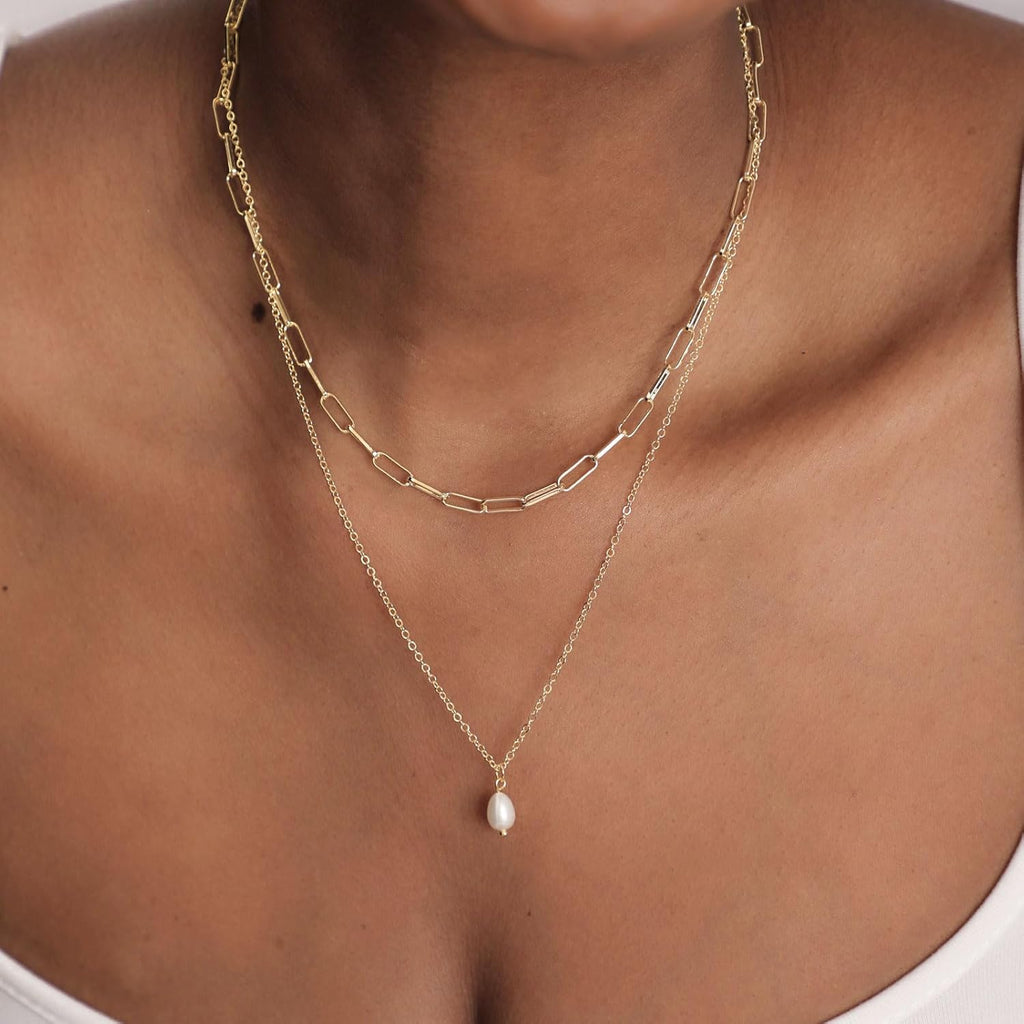 Dainty Pearl Pendant Necklaces for Women 14K Gold Plated Handmade Layered Pearl Chain Necklace Delicate Layered Pearl Necklace Everyday Jewelry Gift