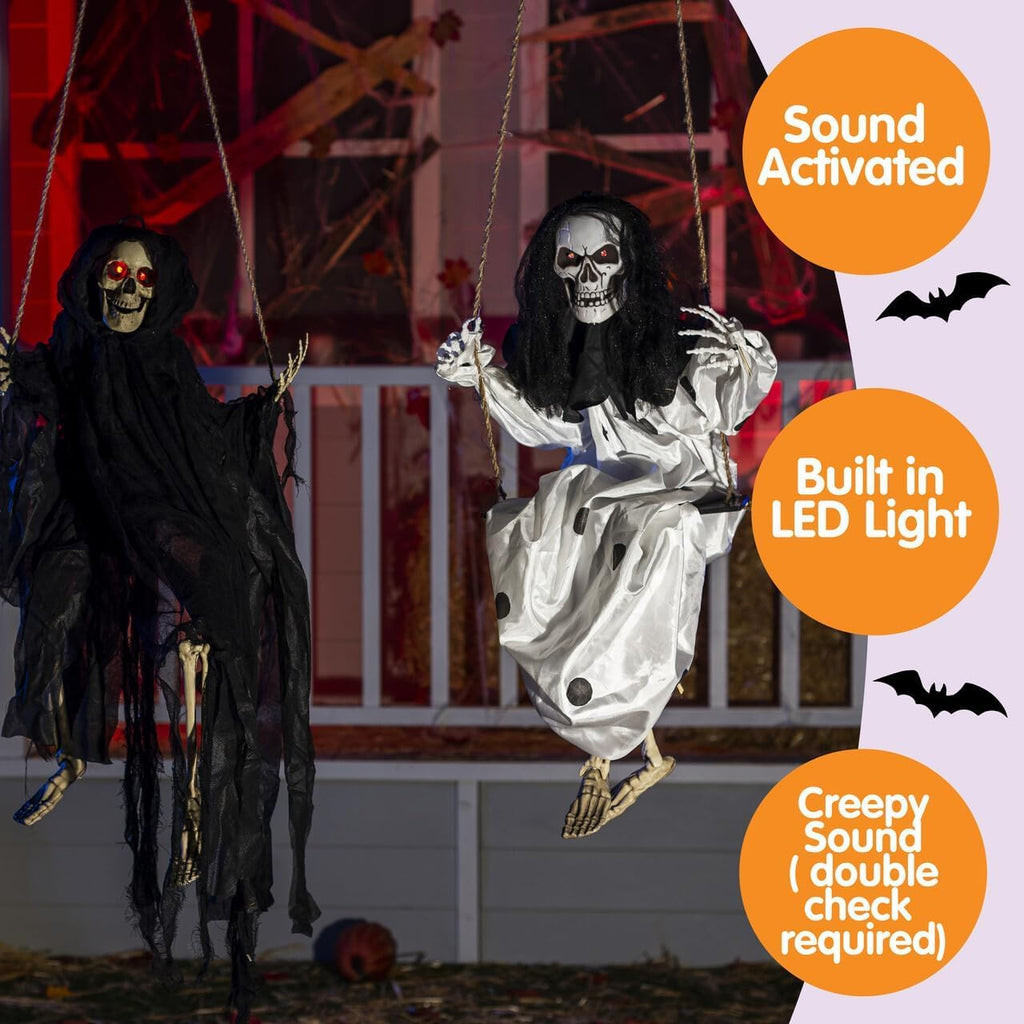 JOYIN 2 Pcs Halloween Hanging Swinging Ghosts Decorations Outdoor, Halloween Scary Decor with Lighted Up Eyes, Creepy Swinging Skeleton Flying Props for Yard Patio Lawn Garden