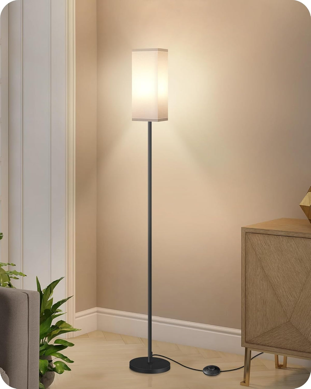 64.6" Floor Lamp, Pole with Foot Switch, Modern Standing Lamp Lampshade, Minimalist Freestanding Lamp (Bulb Not Included), for Living Room, Bedroom Office ETL Listed, Black and Beige E07LD05