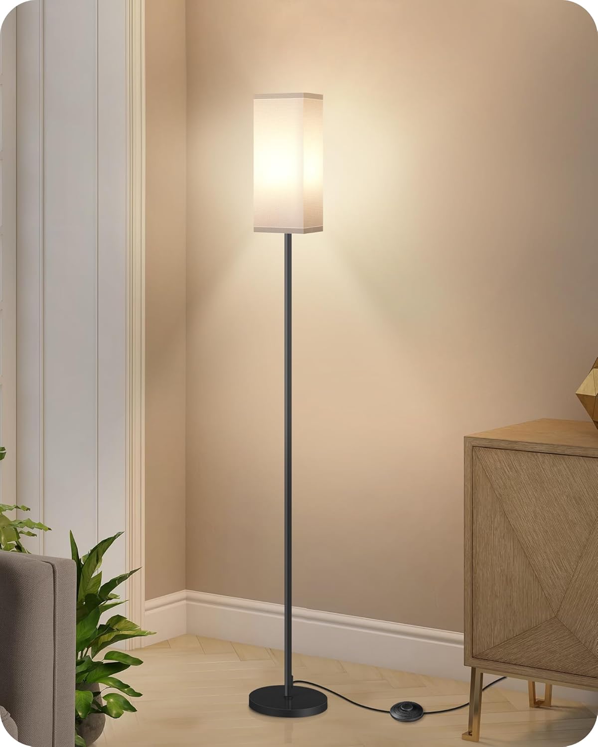 64.6" Floor Lamp, Pole with Foot Switch, Modern Standing Lamp Lampshade, Minimalist Freestanding Lamp (Bulb Not Included), for Living Room, Bedroom Office ETL Listed, Black and Beige E07LD05