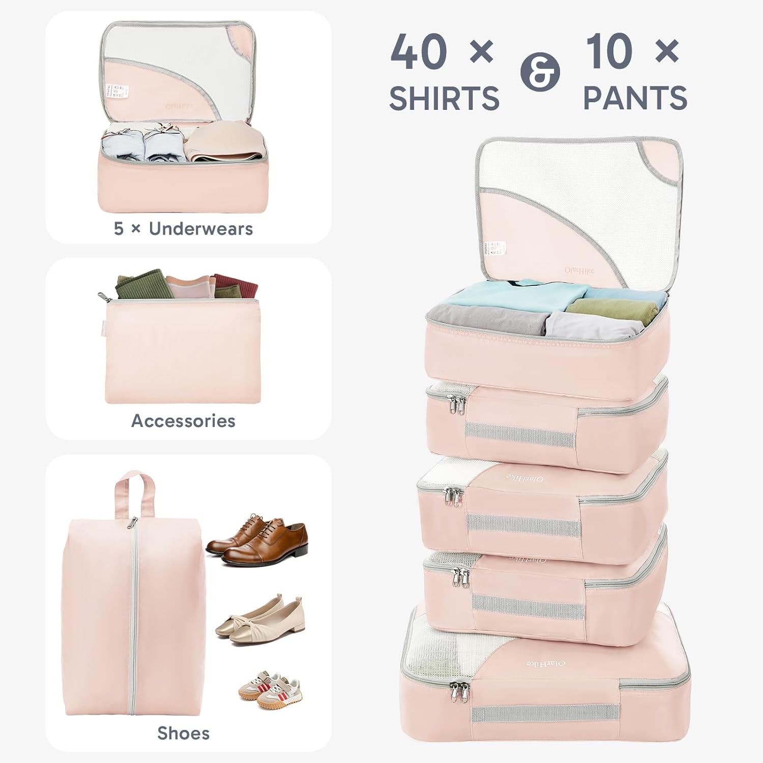 10 Set/8 Set Packing Cubes for Travel, Gifts for Women Mom,Anti-Tearing Suitcase Organizer for Luggage with Shoe & Hanging Toiletry Bag,OlarHike Vacation Essentials & Accessories for Cruise Ship,Cream
