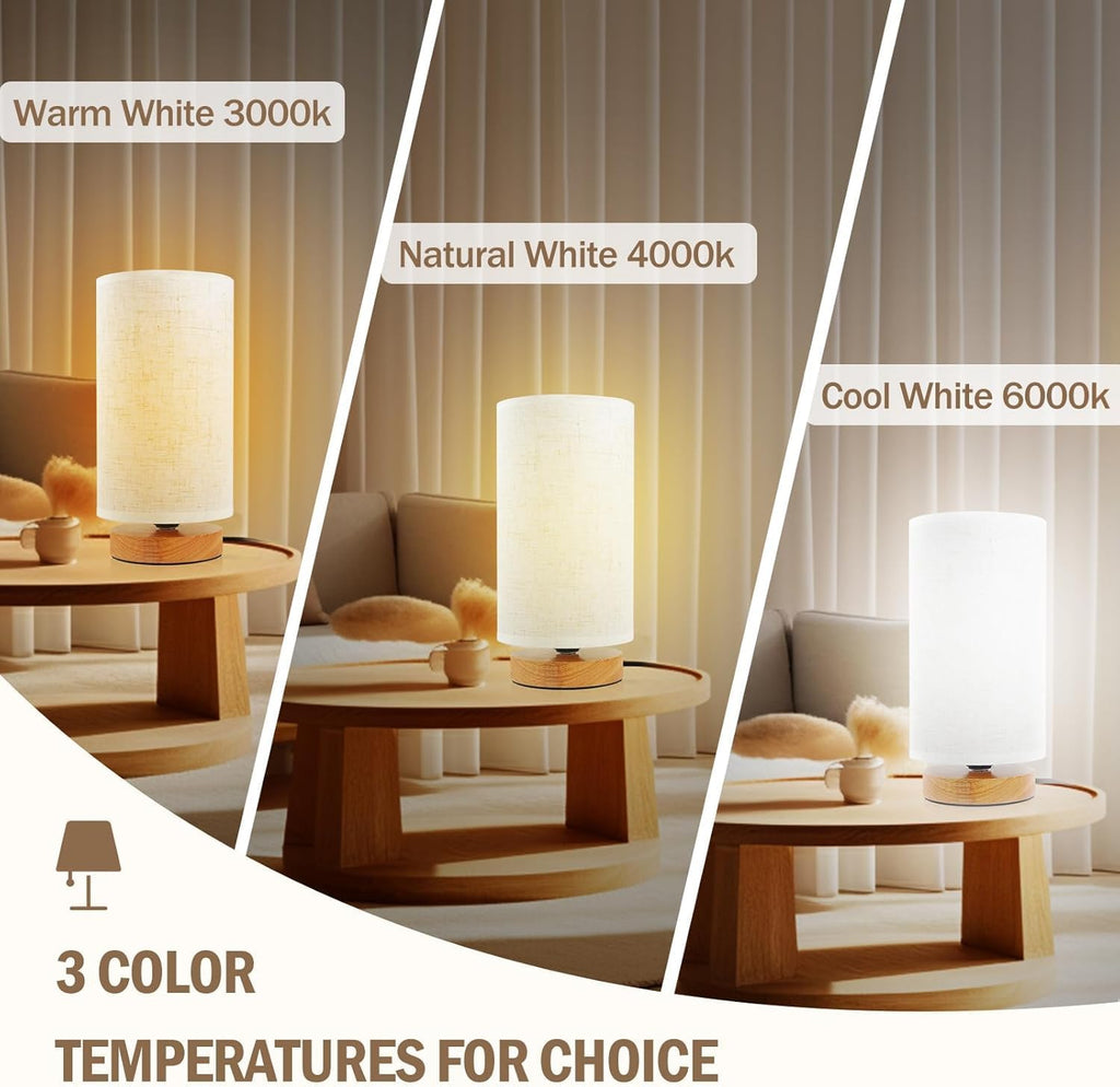 Small Bedside Table Lamp for Bedroom, Minimalist Wood Base & Round Fabric Shade, Mini Cute Cozy Warm White Nightstand Boho Lamp, Study Desk Night Stand Light for Room, Dorm, Nursery, Living Room
