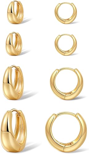 Foxgirl 4 Pairs Small Chunky Huggie Hoop Earrings for Women - Dainty 14K Gold Plated Hypoallergenic Lightweight Stack Earring Sets for Multiple Piercing Trendy Jewelry