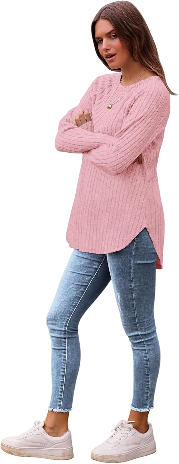 Saloogoe Long Sleeve Shirts for Women 2025 Fall Clothes Tunic Tops Loose Fit Dressy Crewneck Pullover Sweaters Curved Hem