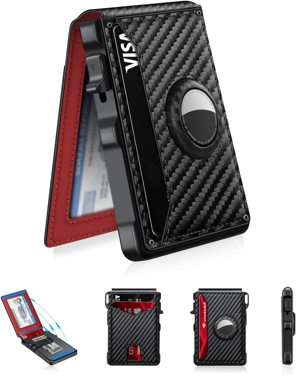 Airtag Wallet for Men, Mens Smart Wallet for Air Tag RFID Blocking, Minimalist Bifold Pop Up Aluminum Credit Card Case Holder 12+ Cards with ID Window, Gift for Men, No Airtag Included, Carbon Fiber