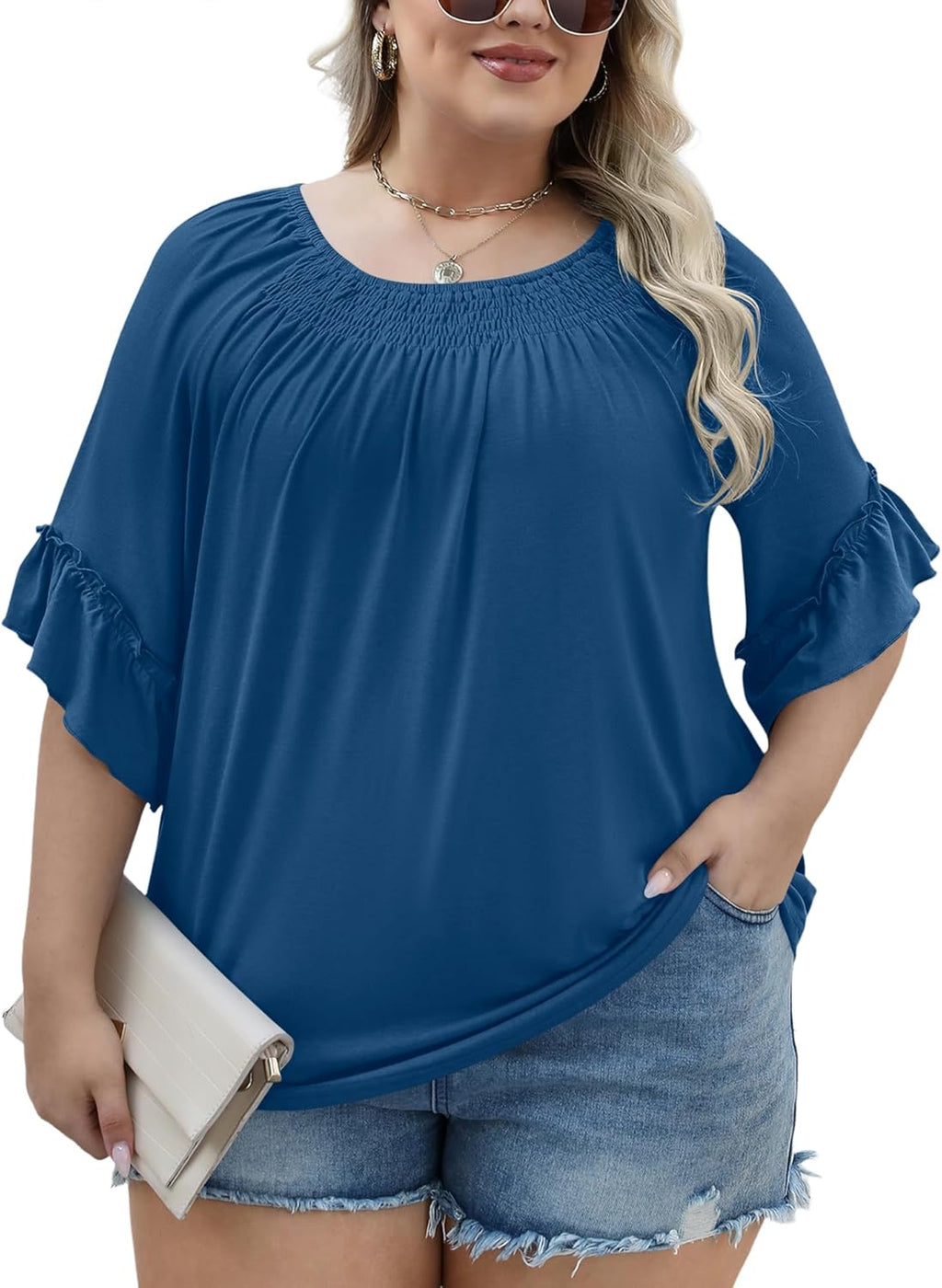 Micoson Womens Plus Size Tops 3/4 Ruffle Sleeve Shirts Crewneck Pleated Blouses Dressy Casual Fashion Tunic Top (1X-5X)