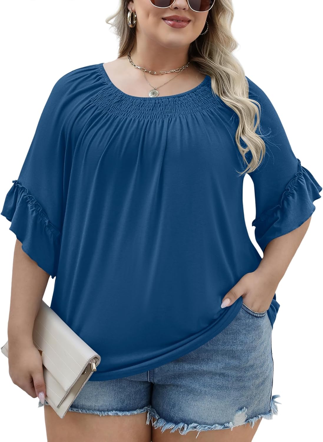 Micoson Womens Plus Size Tops 3/4 Ruffle Sleeve Shirts Crewneck Pleated Blouses Dressy Casual Fashion Tunic Top (1X-5X)