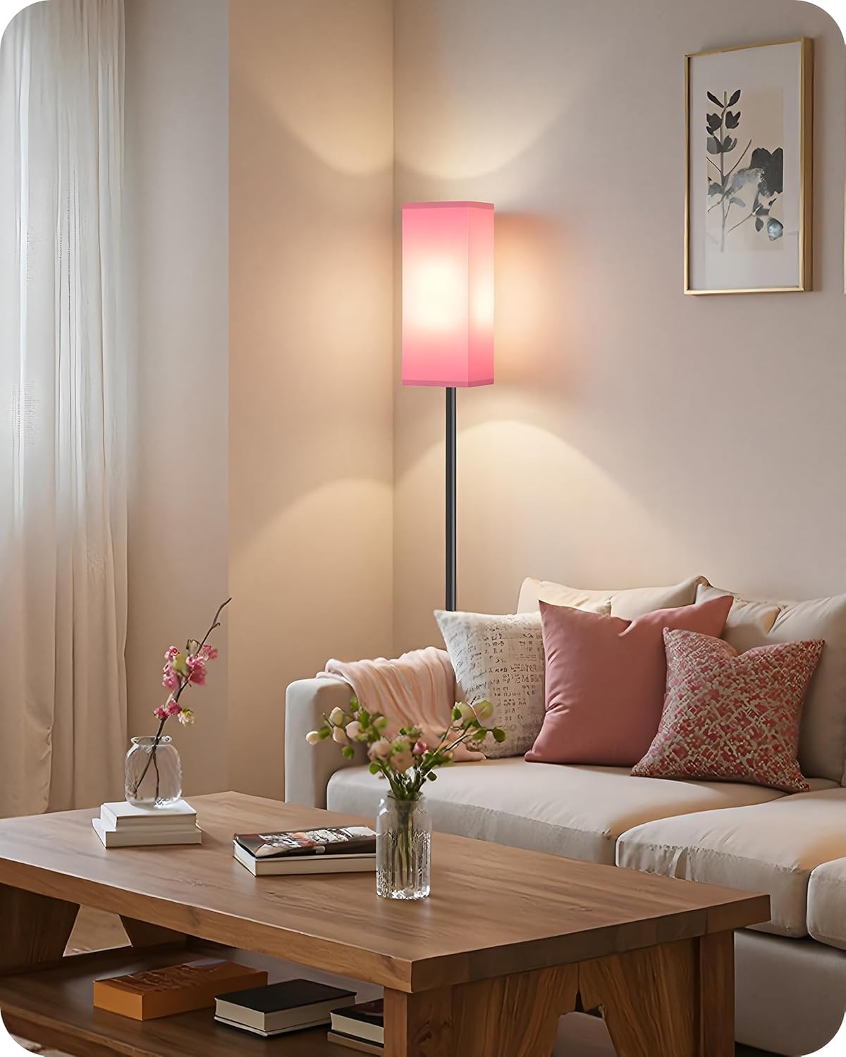 64.6" Floor Lamp, Pole with Foot Switch, Modern Standing Lamp Lampshade, Minimalist Freestanding Lamp (Bulb Not Included), for Living Room, Bedroom Office ETL Listed, Black and Beige E07LD05