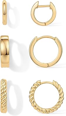 PAVOI 14K-18K Yellow Gold Plated 925 Sterling Silver Posts Three Pairs Small Hoop Earrings for Women - Statement Gold Hoop Earrings Set - Cubic Zirconia Rope Teardrop Chunky Huggie Earscape Piercings