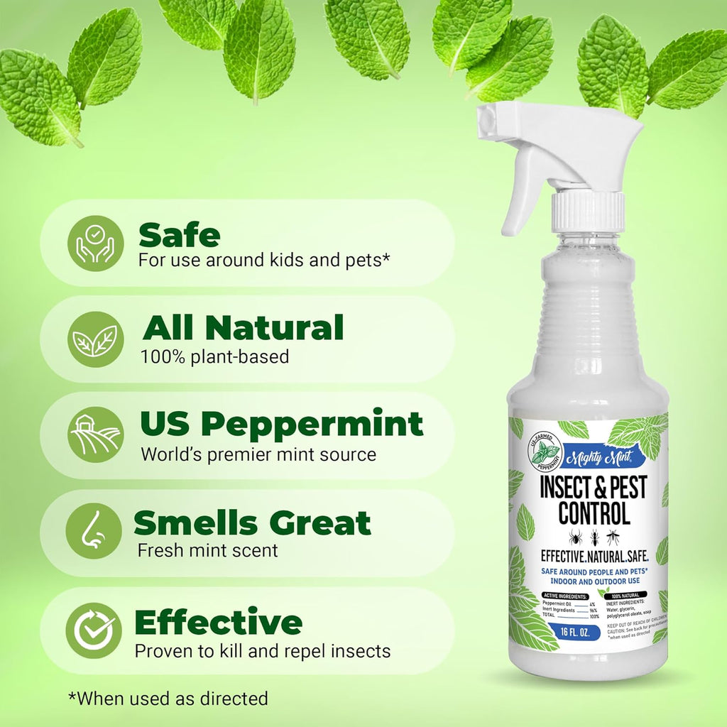Mighty Mint Peppermint Oil Insect Repellent Spray – Natural Indoor & Outdoor Bug Control for Spiders, Ants, Roaches, and More – Plant-Based, Extra-Strong Formula - 16 oz