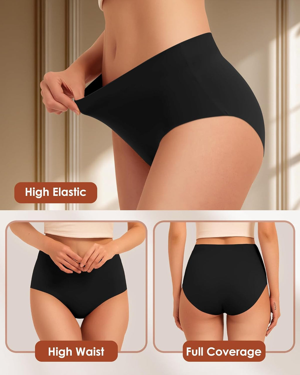 Kalapa Womens Underwear Seamless Full Coverage Breathable Briefs No Show Silky Stretch High Waisted Ladies Panties 6 Pack