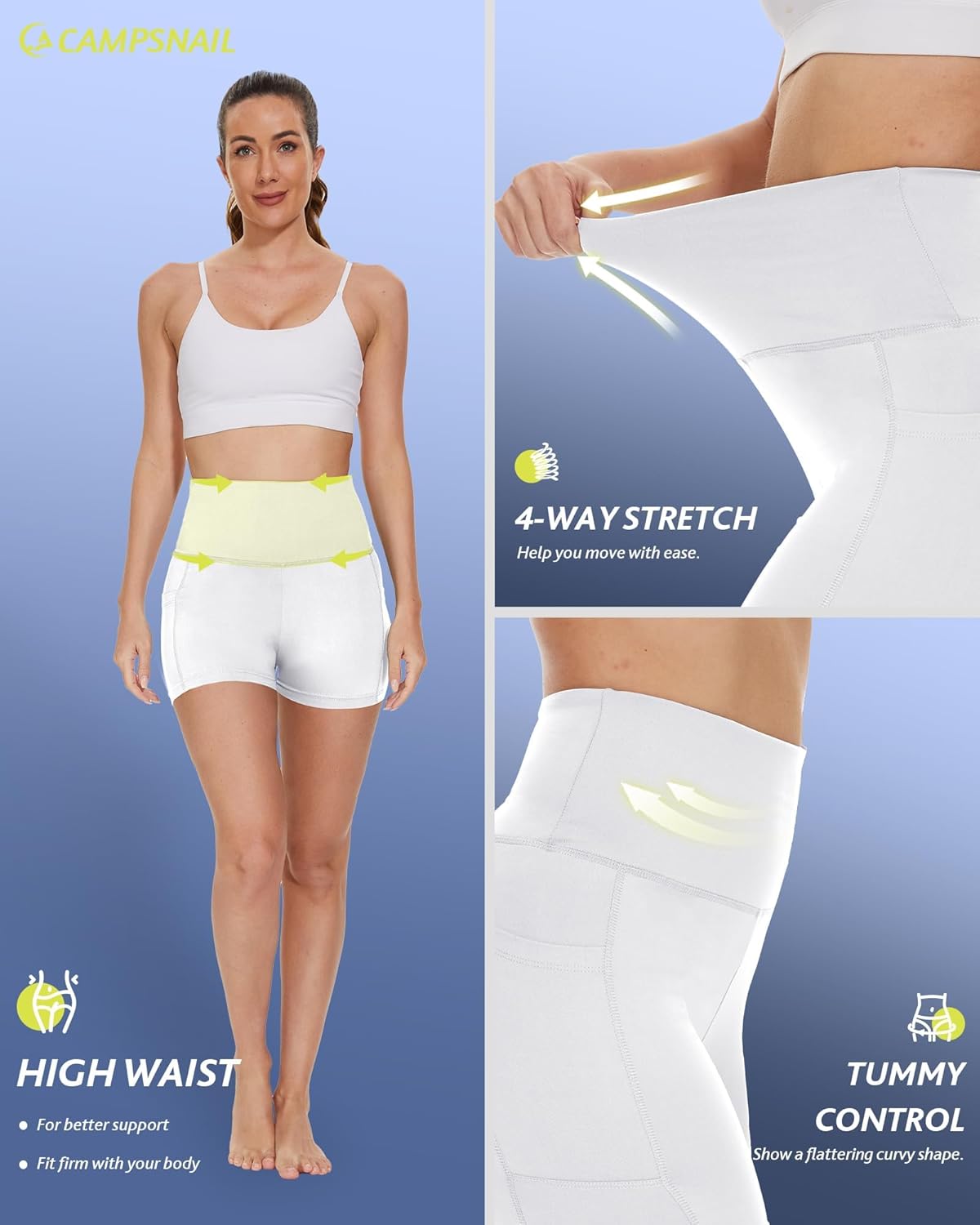 CAMPSNAIL Biker Shorts Women with Pockets - 3"/5"/8" High Waisted Workout Spandex Tummy Control Gym Running Yoga Shorts