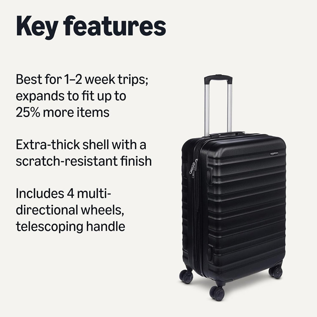 Basics 21" Hardside Carry-On Luggage, Hardshell Suitcase With Wheels, Expandable For Up to 25% More Space, With Scratch-Resistant Surface, Four Multi-directional Wheels, Black