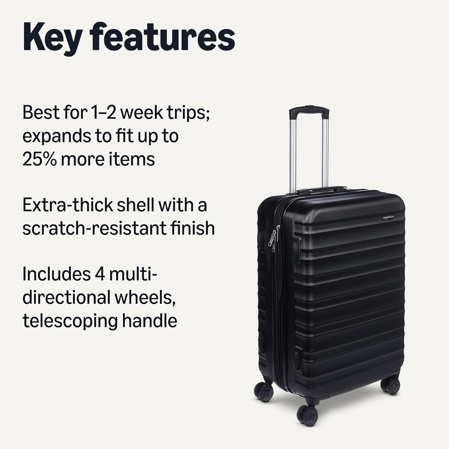 Basics 21" Hardside Carry-On Luggage, Hardshell Suitcase With Wheels, Expandable For Up to 25% More Space, With Scratch-Resistant Surface, Four Multi-directional Wheels, Black