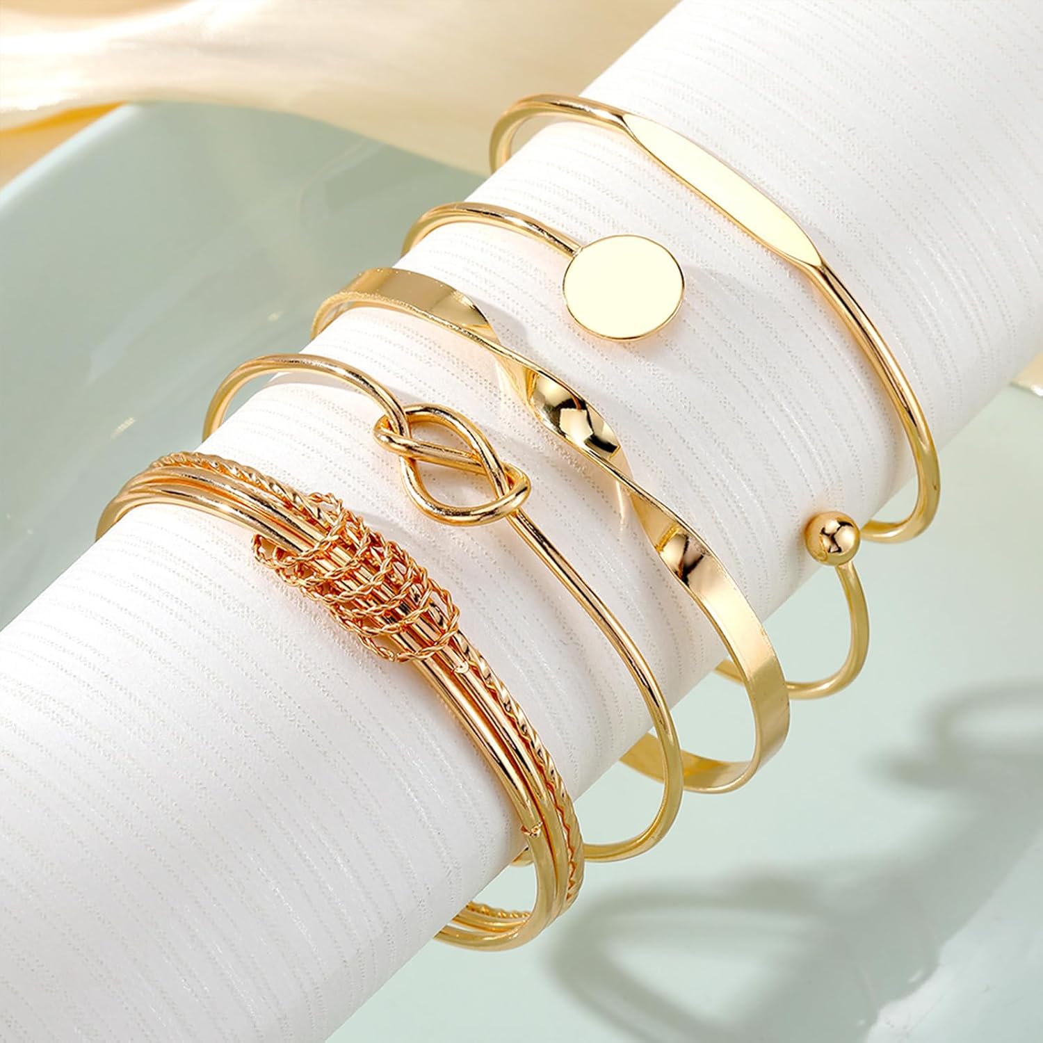 IFKM Gold Bangle Bracelets For Women, 14k Gold Plated Multi Layer Stackable Cuff Bracelet Set, Trendy Elegance Charms Non Tarnish Minimalist Textured Boho Jewelry Gift for Women