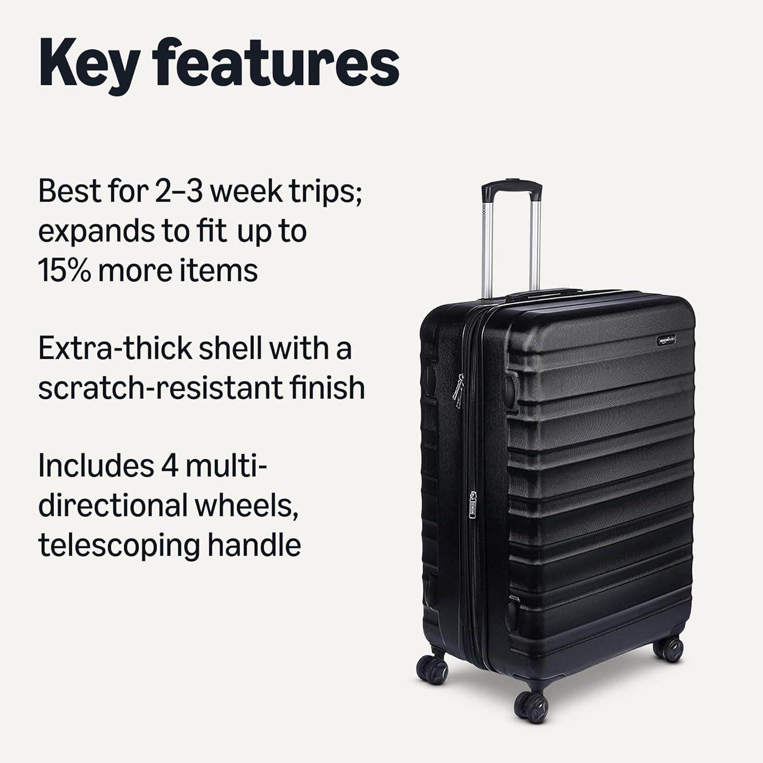 Basics 21" Hardside Carry-On Luggage, Hardshell Suitcase With Wheels, Expandable For Up to 25% More Space, With Scratch-Resistant Surface, Four Multi-directional Wheels, Black