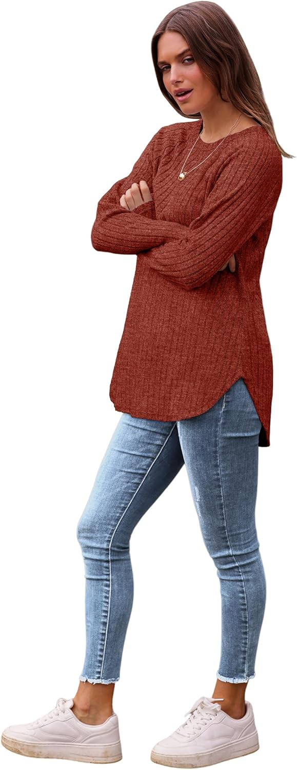 Saloogoe Long Sleeve Shirts for Women 2025 Fall Clothes Tunic Tops Loose Fit Dressy Crewneck Pullover Sweaters Curved Hem