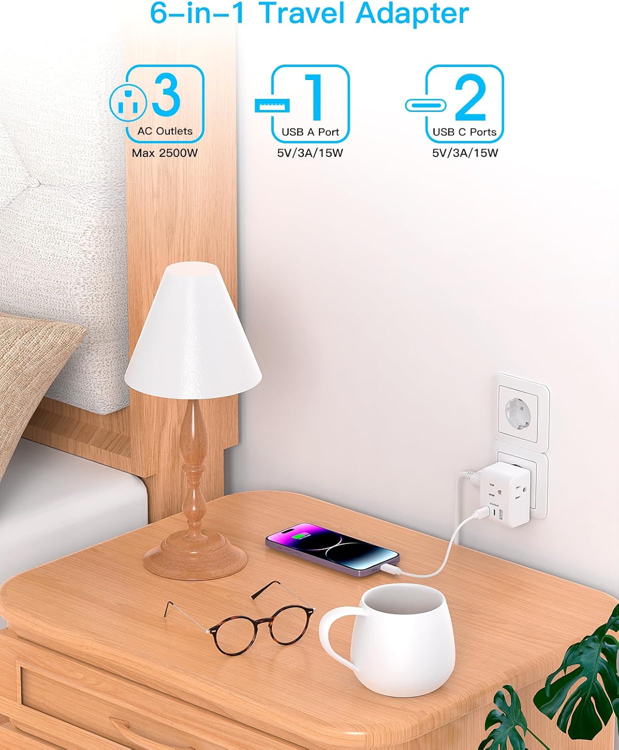 2 Pack European Travel Plug Adapter, International Power Plug Adapter with 3 Outlets 3 USB Charging Ports(1 USB C), Type C Plug Adapter Travel Essentials to Most Europe EU Spain Italy France Germany