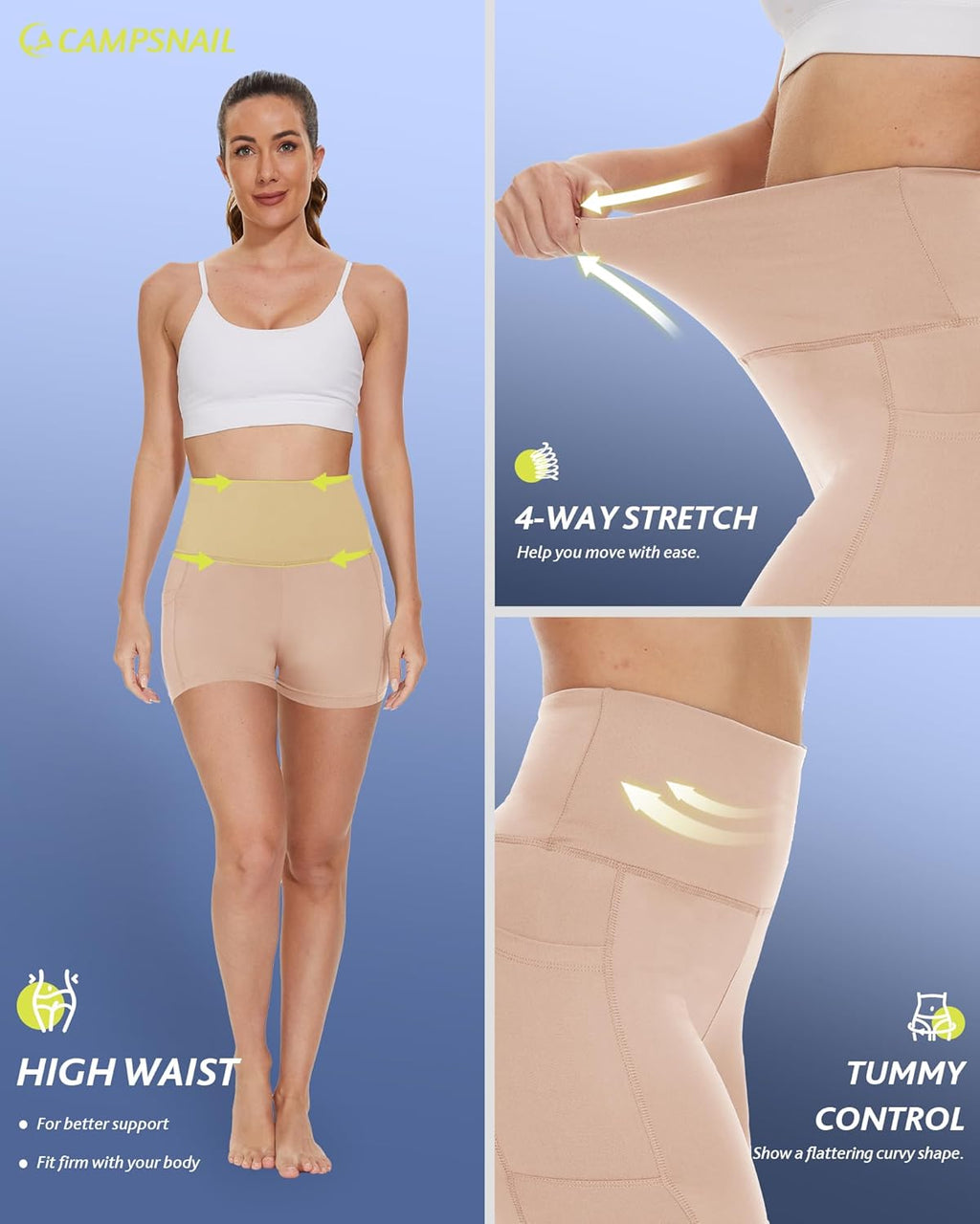 CAMPSNAIL Biker Shorts Women with Pockets - 3"/5"/8" High Waisted Workout Spandex Tummy Control Gym Running Yoga Shorts