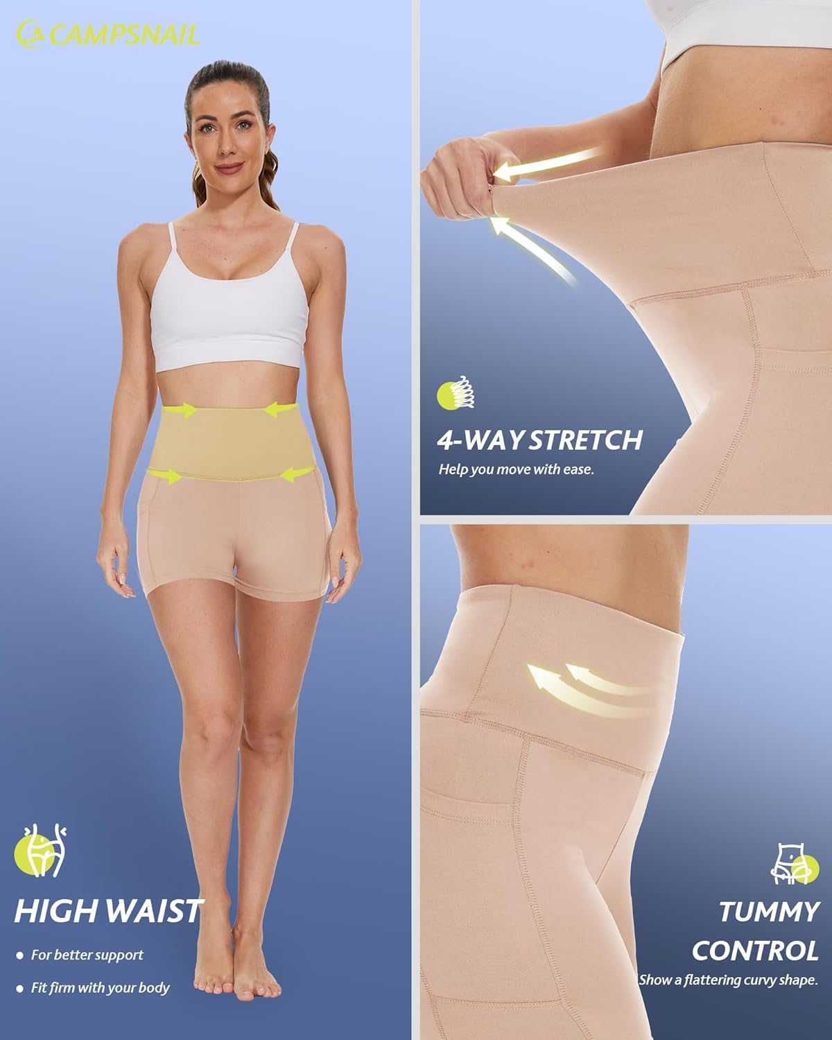 CAMPSNAIL Biker Shorts Women with Pockets - 3"/5"/8" High Waisted Workout Spandex Tummy Control Gym Running Yoga Shorts