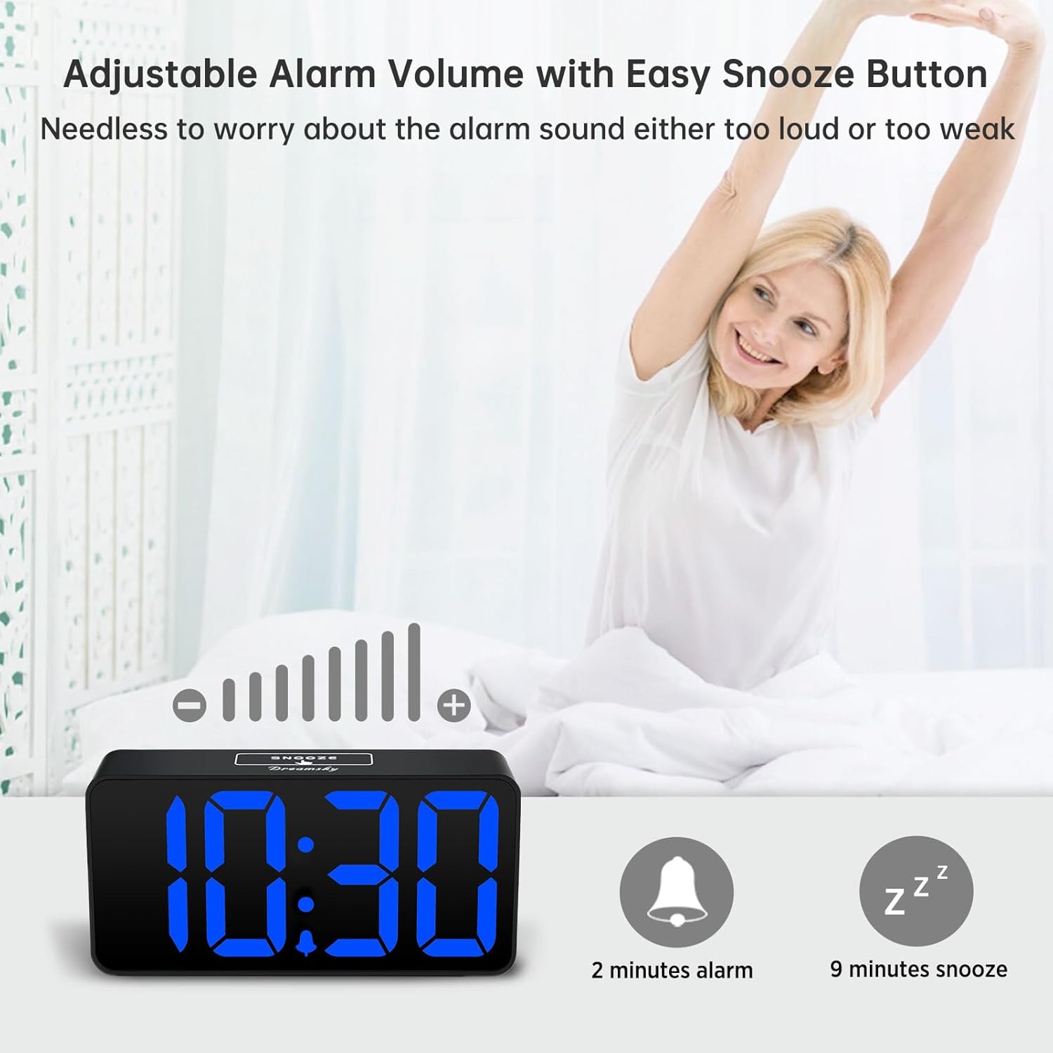DreamSky Small Digital Alarm Clock for Bederoom, Large Big Numbers Display with Dimmer for Living Room, Electric Bedside Desk Clock with USB Charging Port, Adjustable Volume, USB-C Adapter Powered