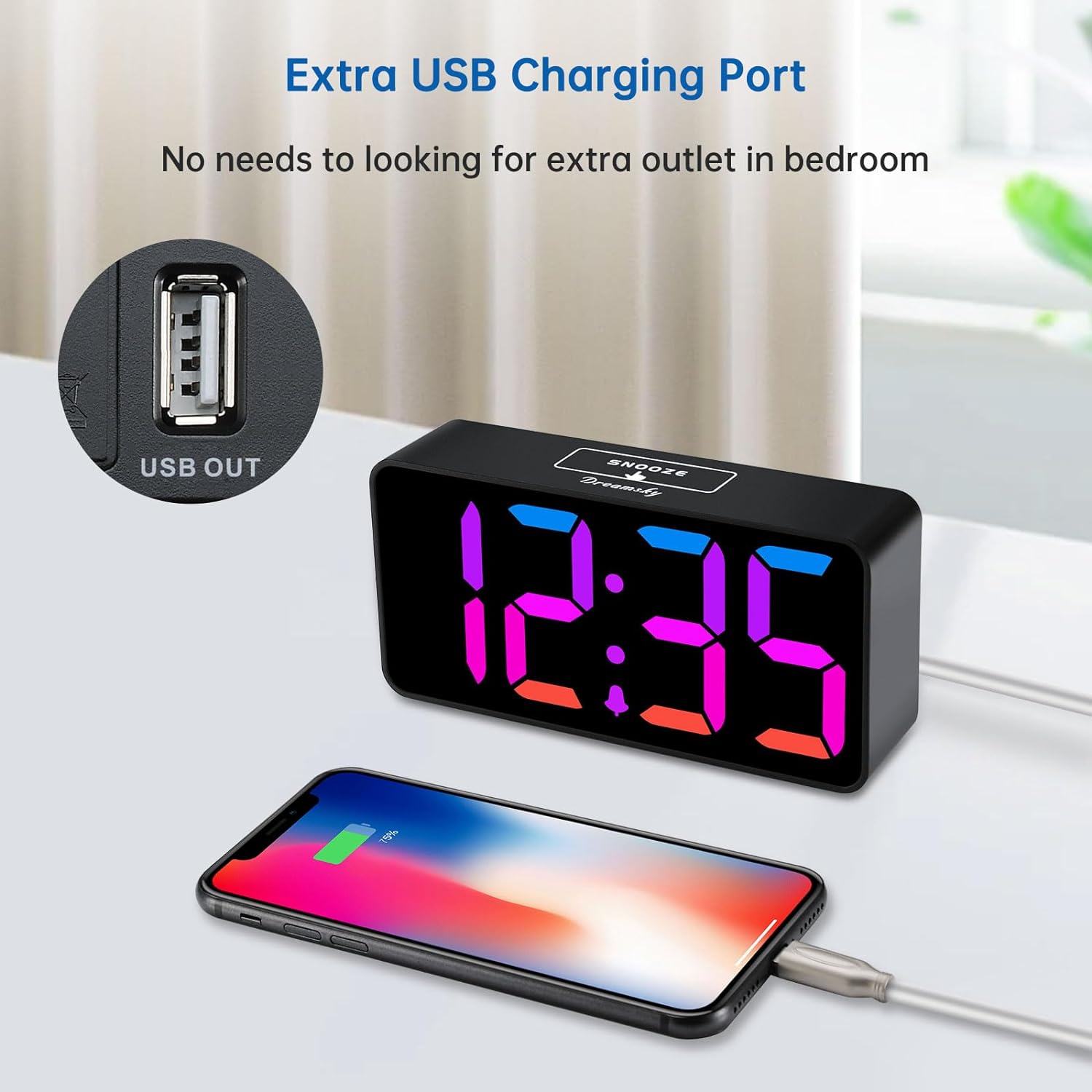 DreamSky Small Digital Alarm Clock for Bederoom, Large Big Numbers Display with Dimmer for Living Room, Electric Bedside Desk Clock with USB Charging Port, Adjustable Volume, USB-C Adapter Powered