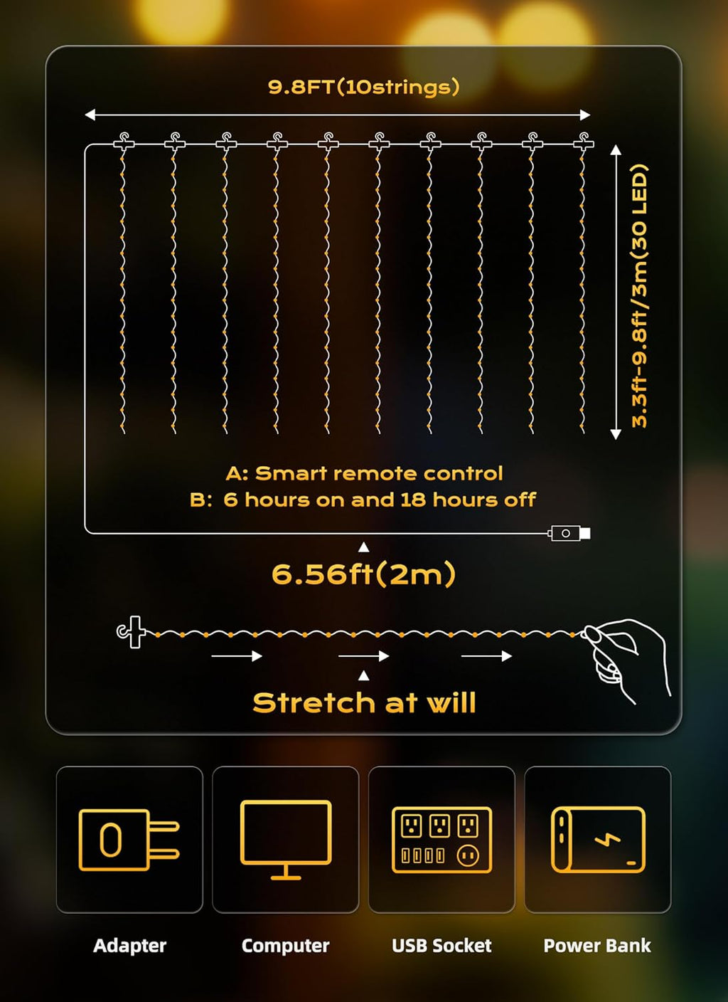 Brightown 300 LED Fairy Curtain Lights, 9.8ft x 9.8ft Warm White Curtain String Lights, USB Plug in 8 Lighting Modes Christmas Decoration, Hanging Lights with Remote for Bedroom Indoor Weddings Dorm