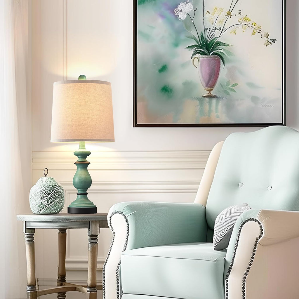 PARTPHONER Traditional Table Lamp Set of 2, Rustic Farmhouse Table Lamps for Living Room Bedroom, 22" Bedside Desk Lamps Vintage Nightstand Lamps with Linen Shades, Antique Grey