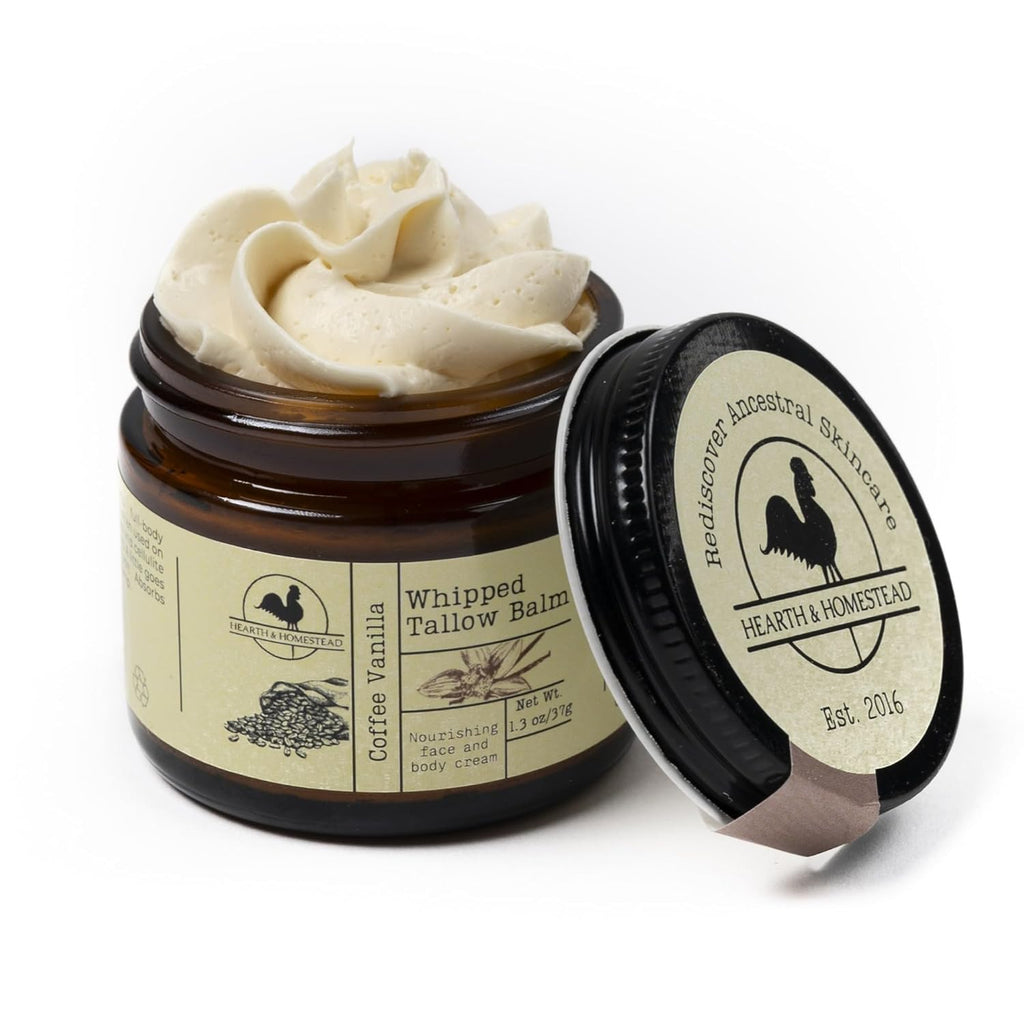 Hearth and Homestead: Handmade Whipped Tallow Balm (Unscented/Herb-Infused) - Organic Body Butter with Infused Olive Oil, for Eczema, Rosacea, Baby - 1.3 oz
