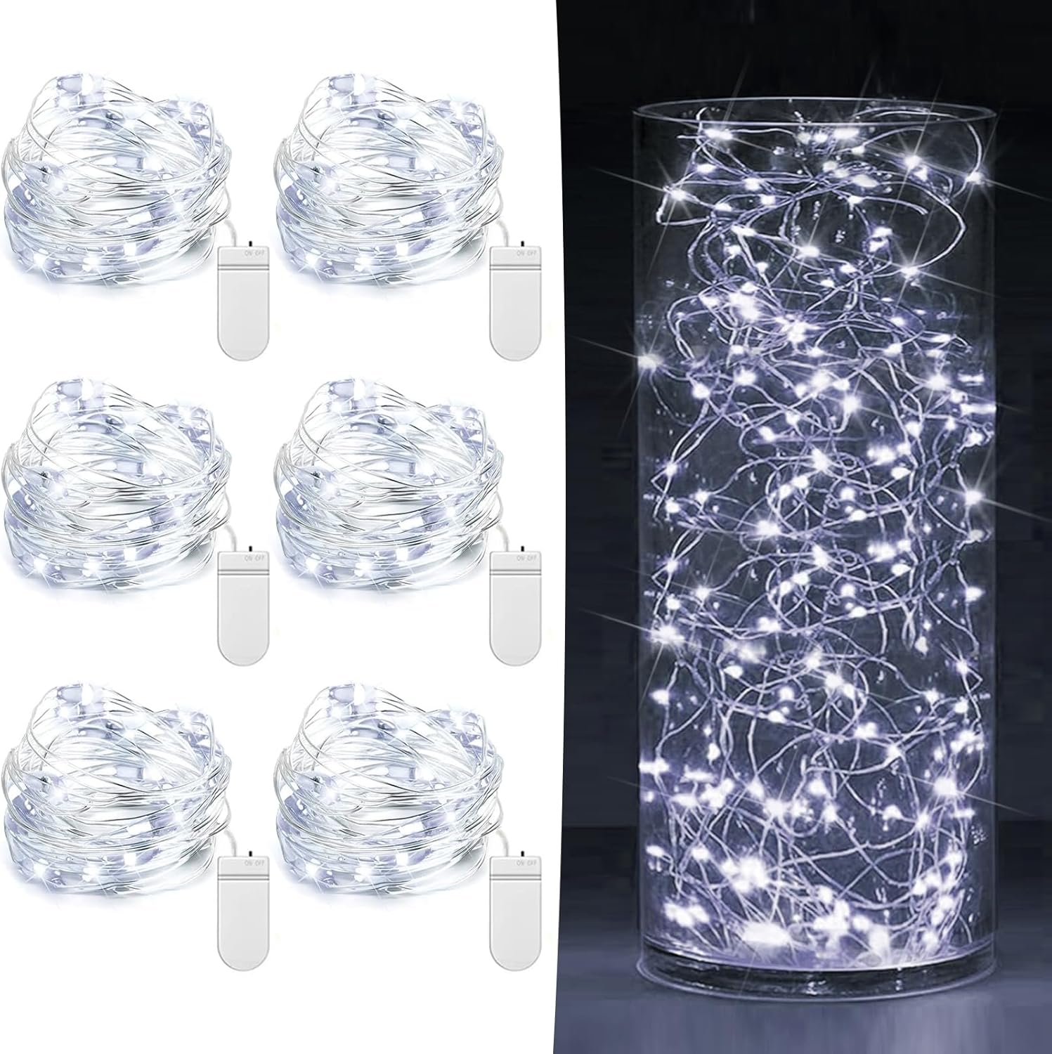 6 Pack Fairy Lights Battery Operated 7ft 20 LED Mini String Lights Twinkle Lights Silver Wire Firefly Starry Moon Lights for Mason Jars Wedding Party Christmas Centerpiece Table Decorations,Warm White