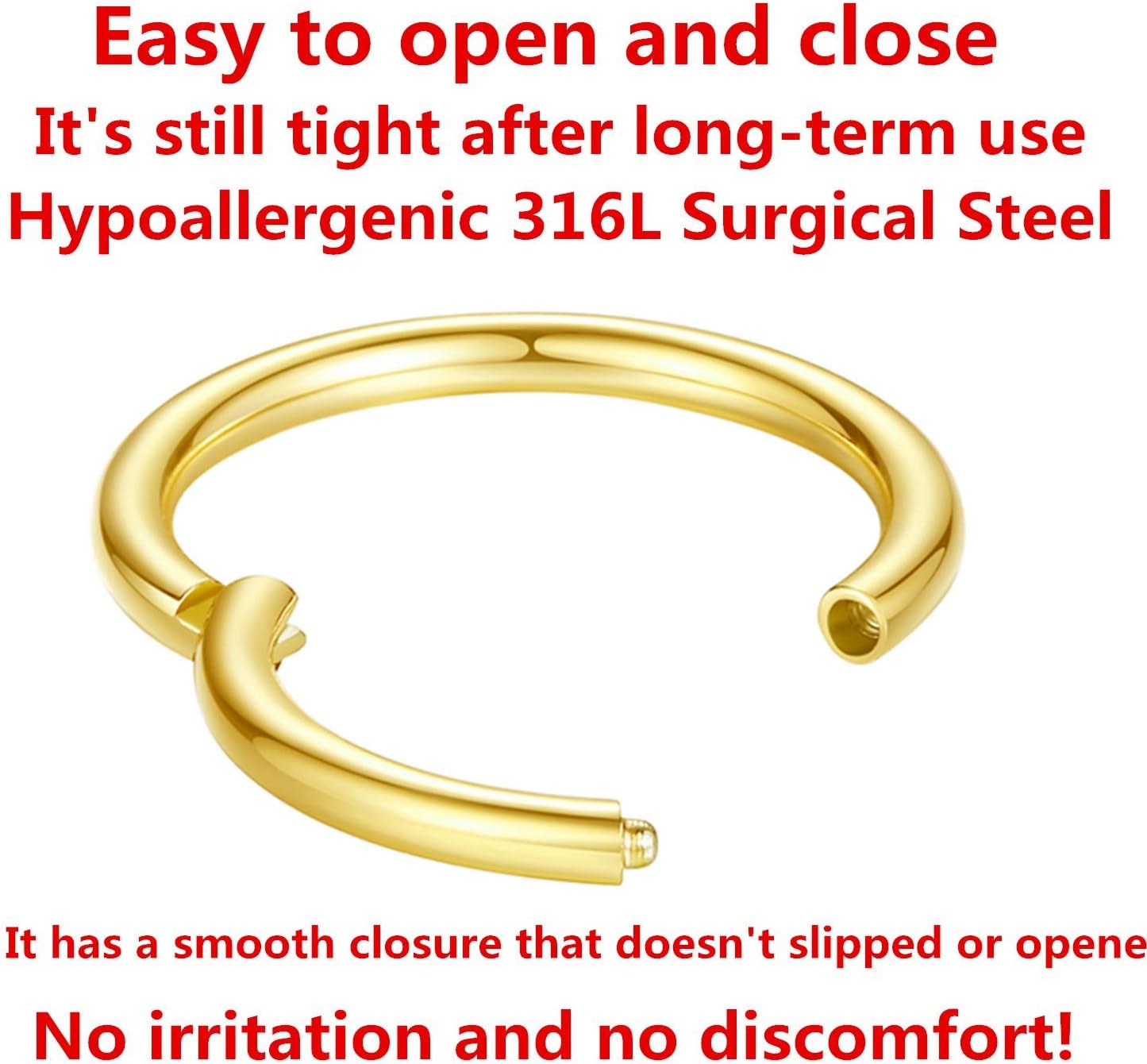 ORANGELOVE Hypoallergenic Nose Rings 20G 18G 16G 14G 12G 10G 8G 316l Surgical Steel Septum Jewelry Hinged Segment Ring Body Piercing Nose Hoop Lip Rings Nose Helix Cartilage Rook Earrings