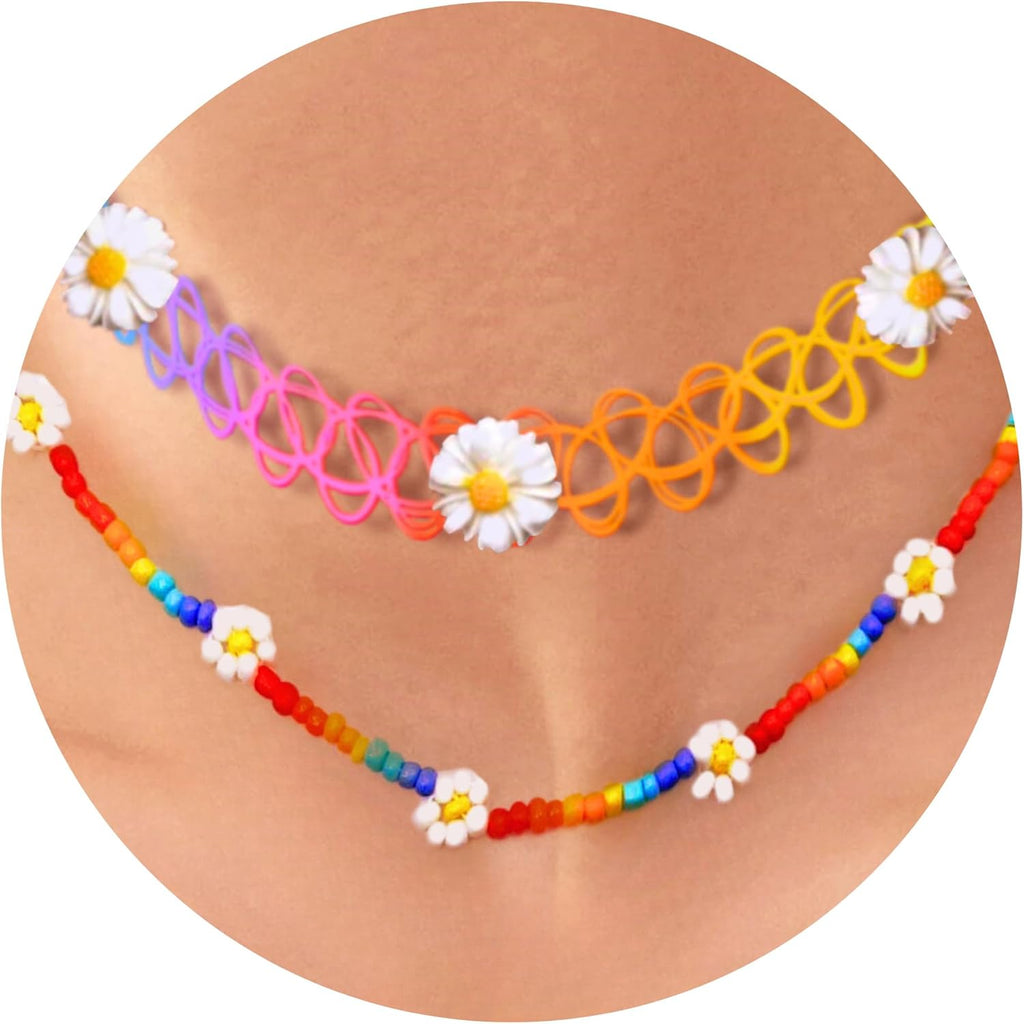 BodyJ4You 2PC Tattoo Choker Necklace - 90s Choker Necklace Women - 2000s Y2K Black Chokers Rainbow Choker - Butterfly Ying Yang Unicorn Rainbow Charms - Stretchy Elastic Necklace