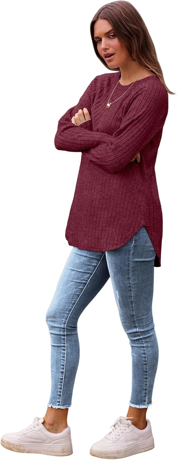 Saloogoe Long Sleeve Shirts for Women 2025 Fall Clothes Tunic Tops Loose Fit Dressy Crewneck Pullover Sweaters Curved Hem