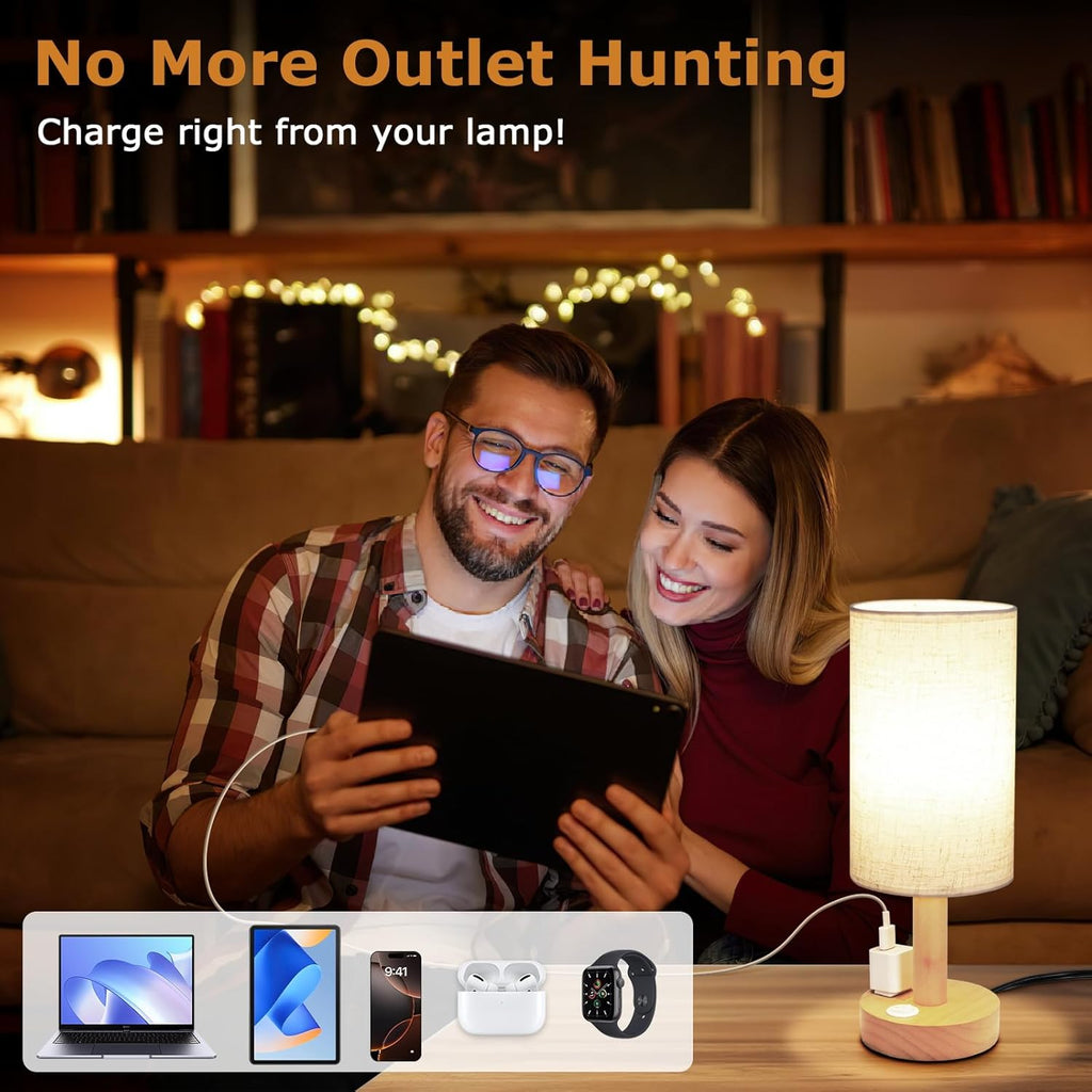 Small Bedside Table Lamp for Bedroom, Minimalist Wood Base & Round Fabric Shade, Mini Cute Cozy Warm White Nightstand Boho Lamp, Study Desk Night Stand Light for Room, Dorm, Nursery, Living Room