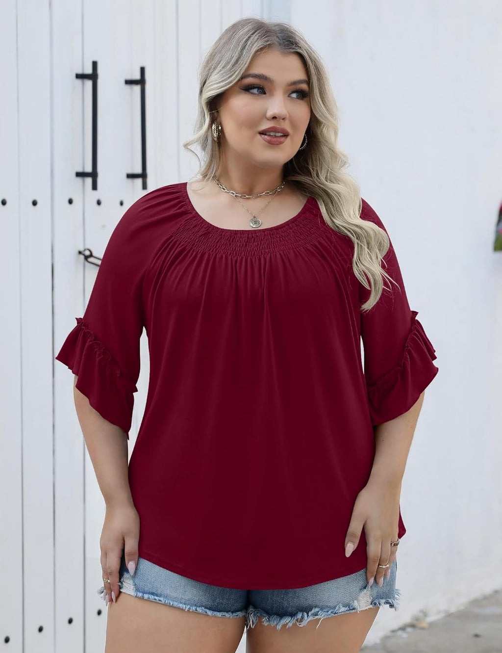 Micoson Womens Plus Size Tops 3/4 Ruffle Sleeve Shirts Crewneck Pleated Blouses Dressy Casual Fashion Tunic Top (1X-5X)