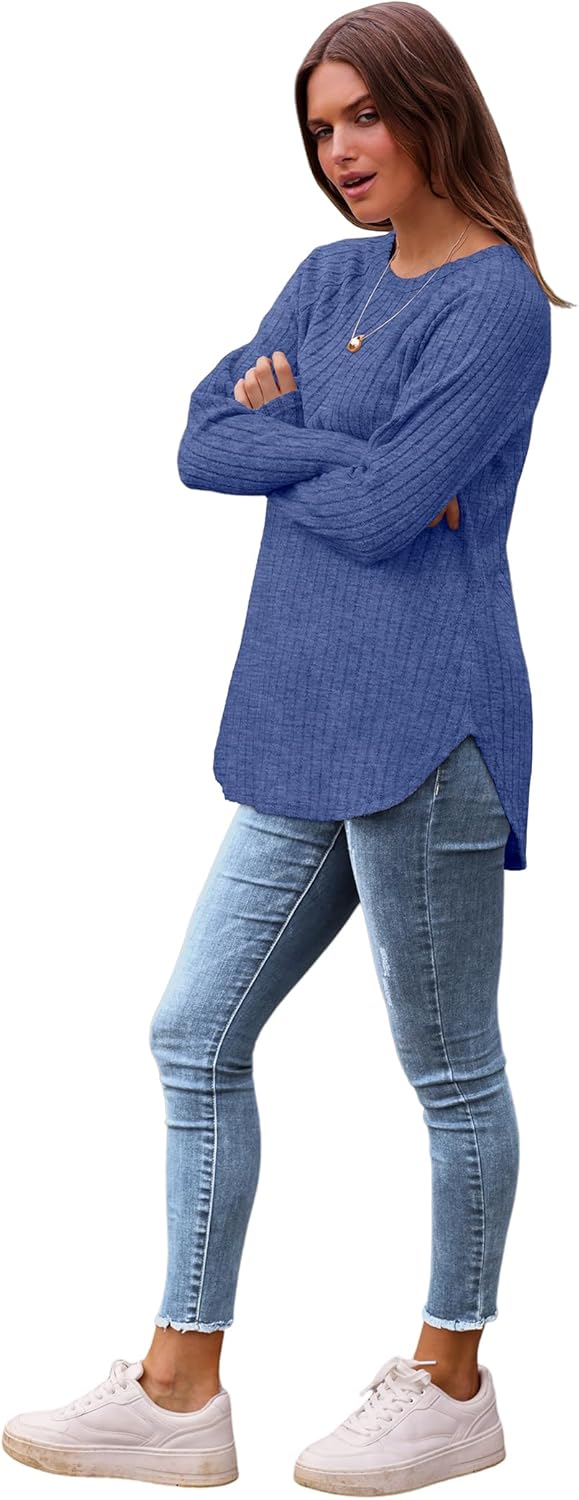 Saloogoe Long Sleeve Shirts for Women 2025 Fall Clothes Tunic Tops Loose Fit Dressy Crewneck Pullover Sweaters Curved Hem