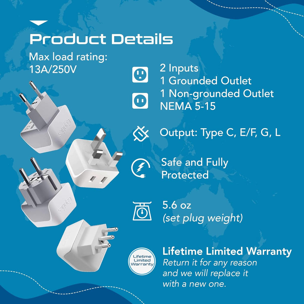 Ceptics Universal Travel Adapter, 35W International Power Adapter with PD & QC 3.0 Dual USB-C, 3 USB Travel Adapter Worldwide, Type I C G A Outlets 110V 220V A/C - EU Euro US UK (11-KU)