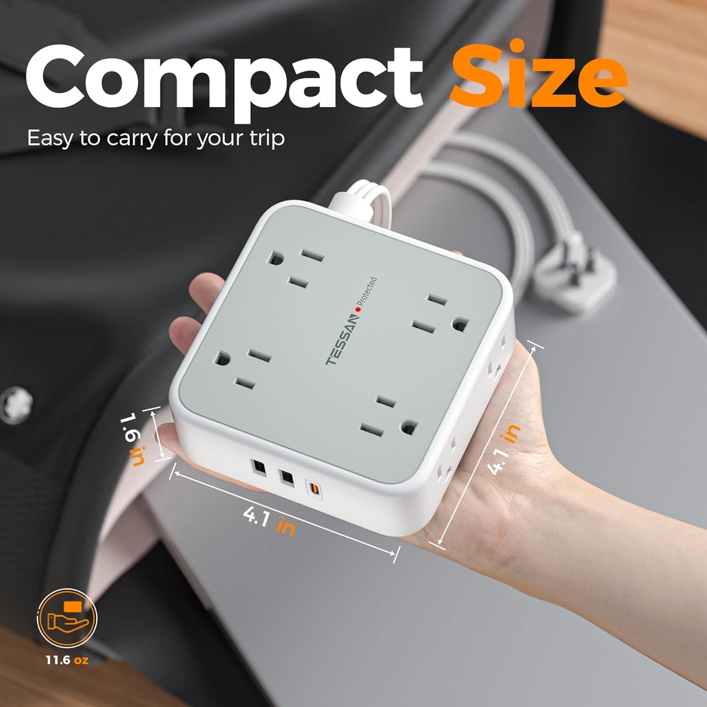 TESSAN Surge Protector Power Strip, 5 Ft Flat Plug Extension Cord with 3 USB (1 USB C) 8 Outlets, 900J Surge Protection, 3 Sided Outlet Extender with Power Switch for Office, Dorm Room Essentials