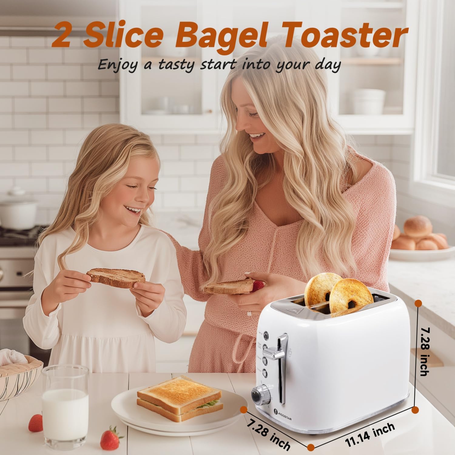 Aigostar Toaster 2 Slice, Retro Extra-Wide Slot Toasters Best Rated Prime for Toasting Bagels, Breads, Waffles & More, Cancel, Defrost & 6 Browning, Removable Crumb Tray, Stainless Steel, Cream White