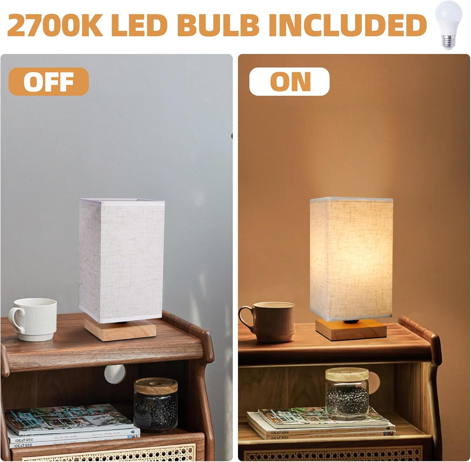 Small Bedside Table Lamp for Bedroom, Minimalist Wood Base & Round Fabric Shade, Mini Cute Cozy Warm White Nightstand Boho Lamp, Study Desk Night Stand Light for Room, Dorm, Nursery, Living Room