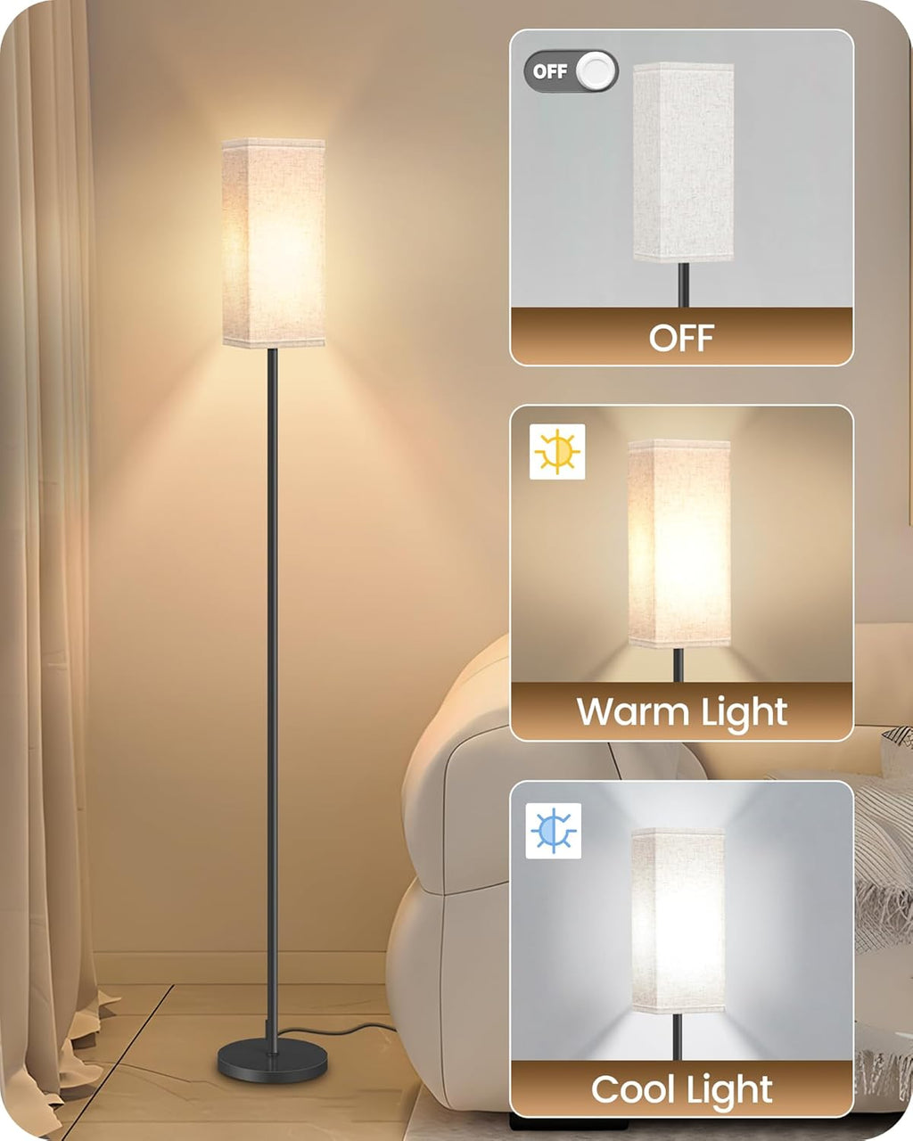 64.6" Floor Lamp, Pole with Foot Switch, Modern Standing Lamp Lampshade, Minimalist Freestanding Lamp (Bulb Not Included), for Living Room, Bedroom Office ETL Listed, Black and Beige E07LD05