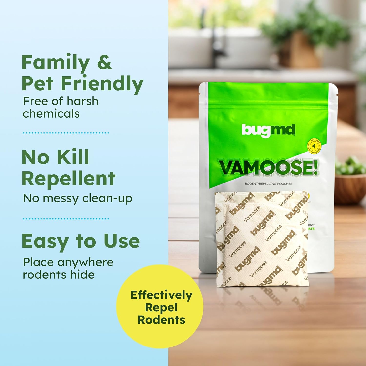 BugMD Vamoose Rodent Repellent Pouches (1 Pack, 4 Pouches) Plant-Powered Rat Repellent, Mouse Deterrent, Indoor & Outdoor Mice Repellent, Best Mouse Repellent, Natural Rat & Mouse Repellent