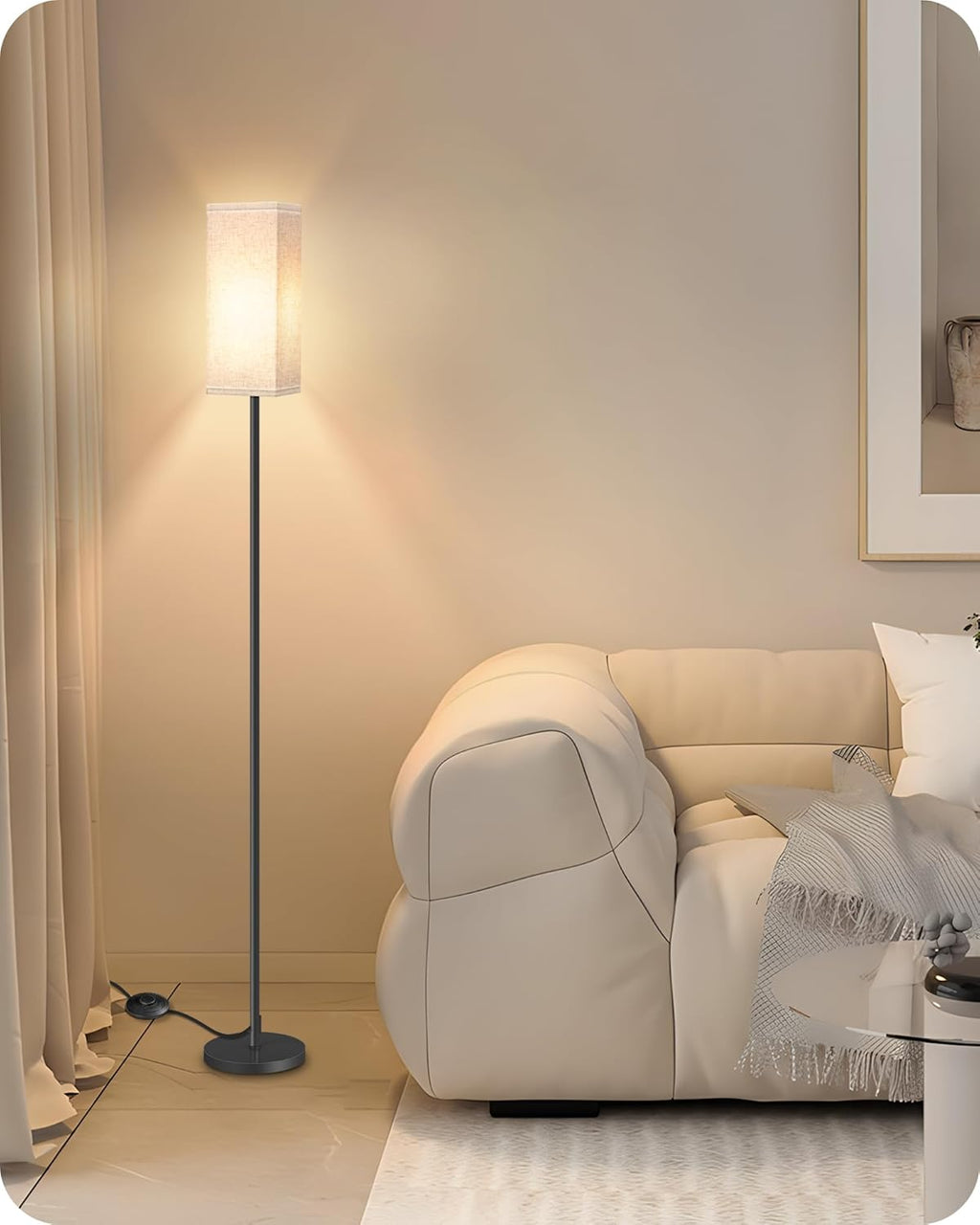 64.6" Floor Lamp, Pole with Foot Switch, Modern Standing Lamp Lampshade, Minimalist Freestanding Lamp (Bulb Not Included), for Living Room, Bedroom Office ETL Listed, Black and Beige E07LD05
