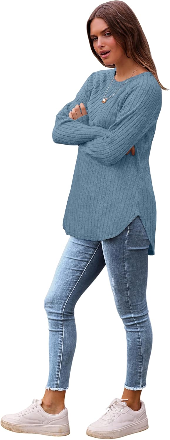 Saloogoe Long Sleeve Shirts for Women 2025 Fall Clothes Tunic Tops Loose Fit Dressy Crewneck Pullover Sweaters Curved Hem