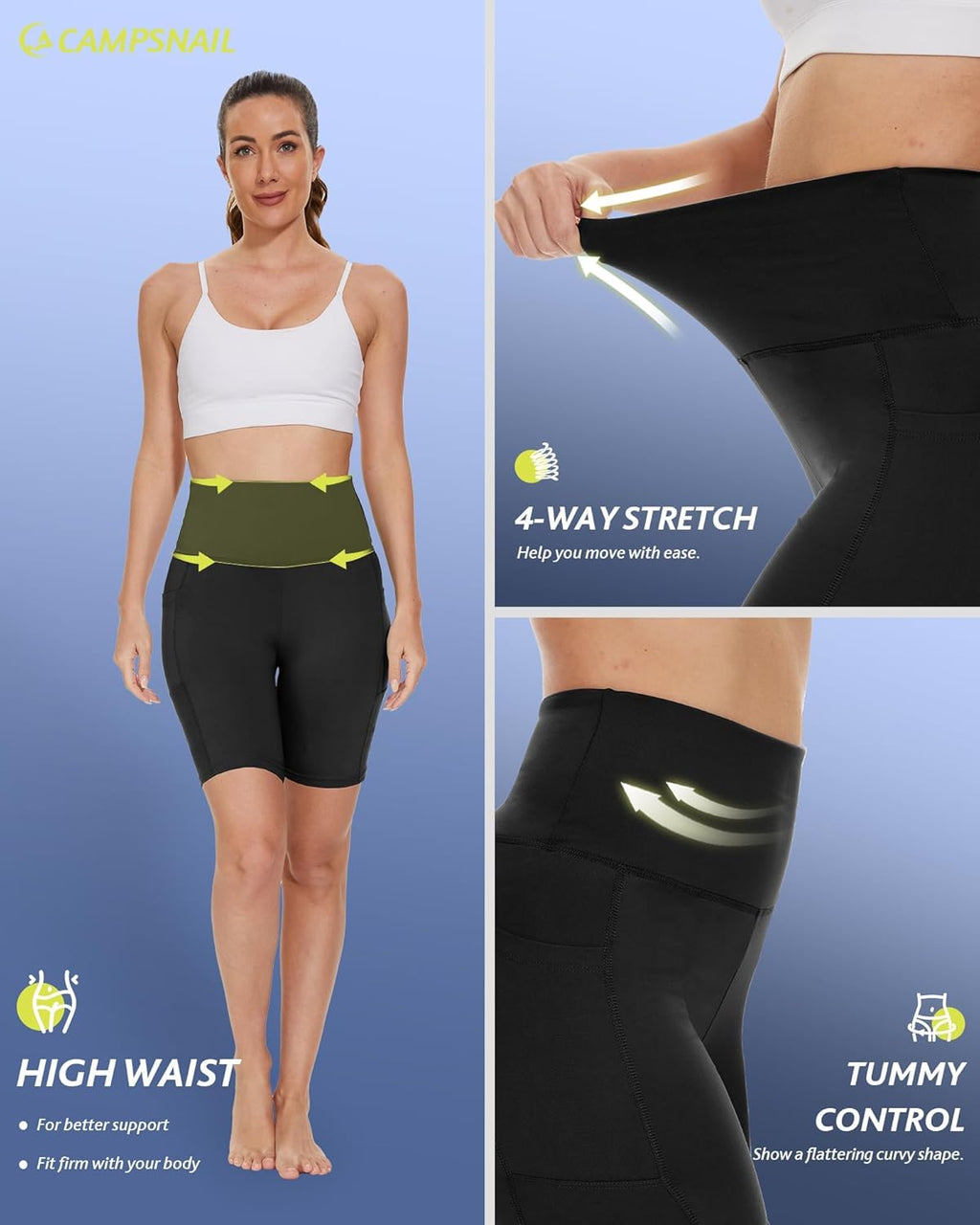CAMPSNAIL Biker Shorts Women with Pockets - 3"/5"/8" High Waisted Workout Spandex Tummy Control Gym Running Yoga Shorts