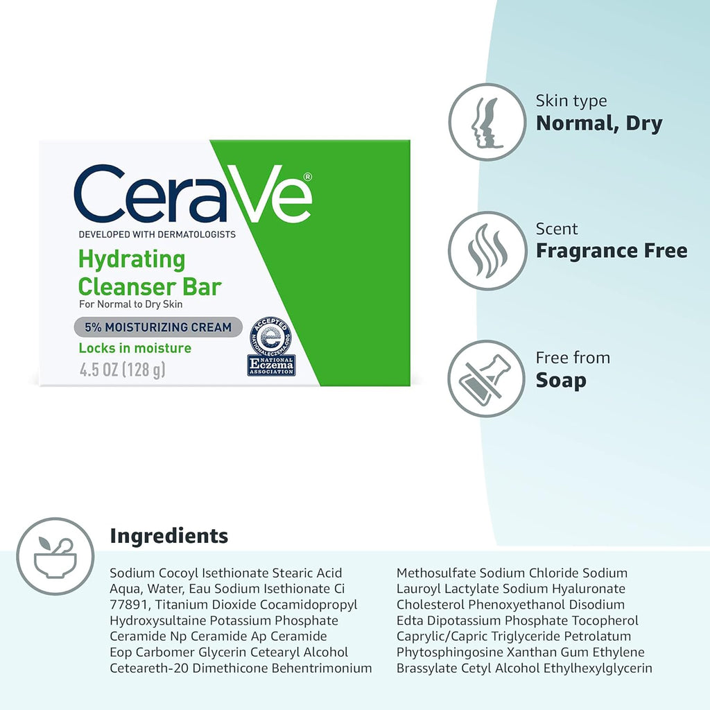 CeraVe Hydrating Cleanser Bar, Soap-Free Body and Facial Cleanser with 5% Moisturizing Cream, Fragrance-Free, 3-Pack, 4.5 Ounce Each