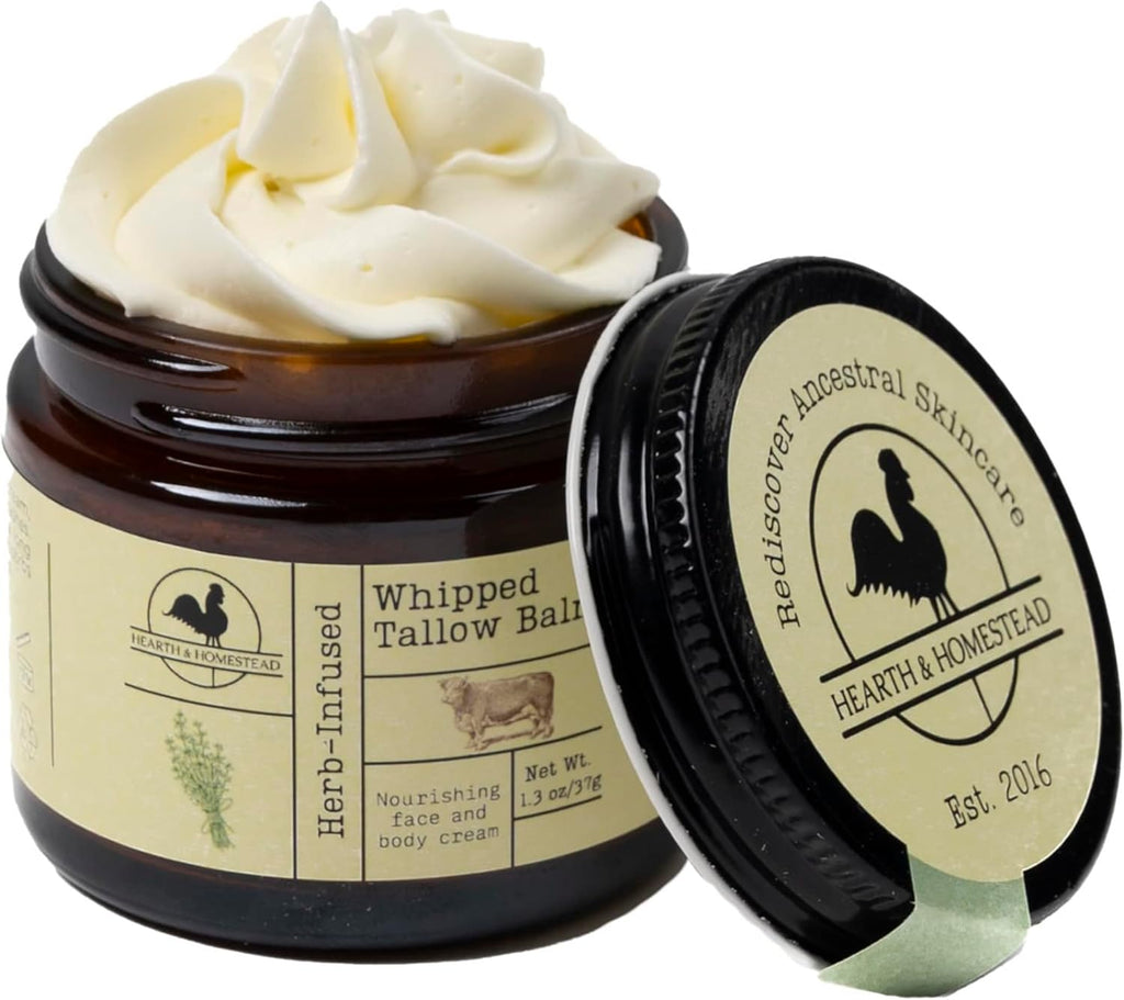 Hearth and Homestead: Handmade Whipped Tallow Balm (Unscented/Herb-Infused) - Organic Body Butter with Infused Olive Oil, for Eczema, Rosacea, Baby - 1.3 oz