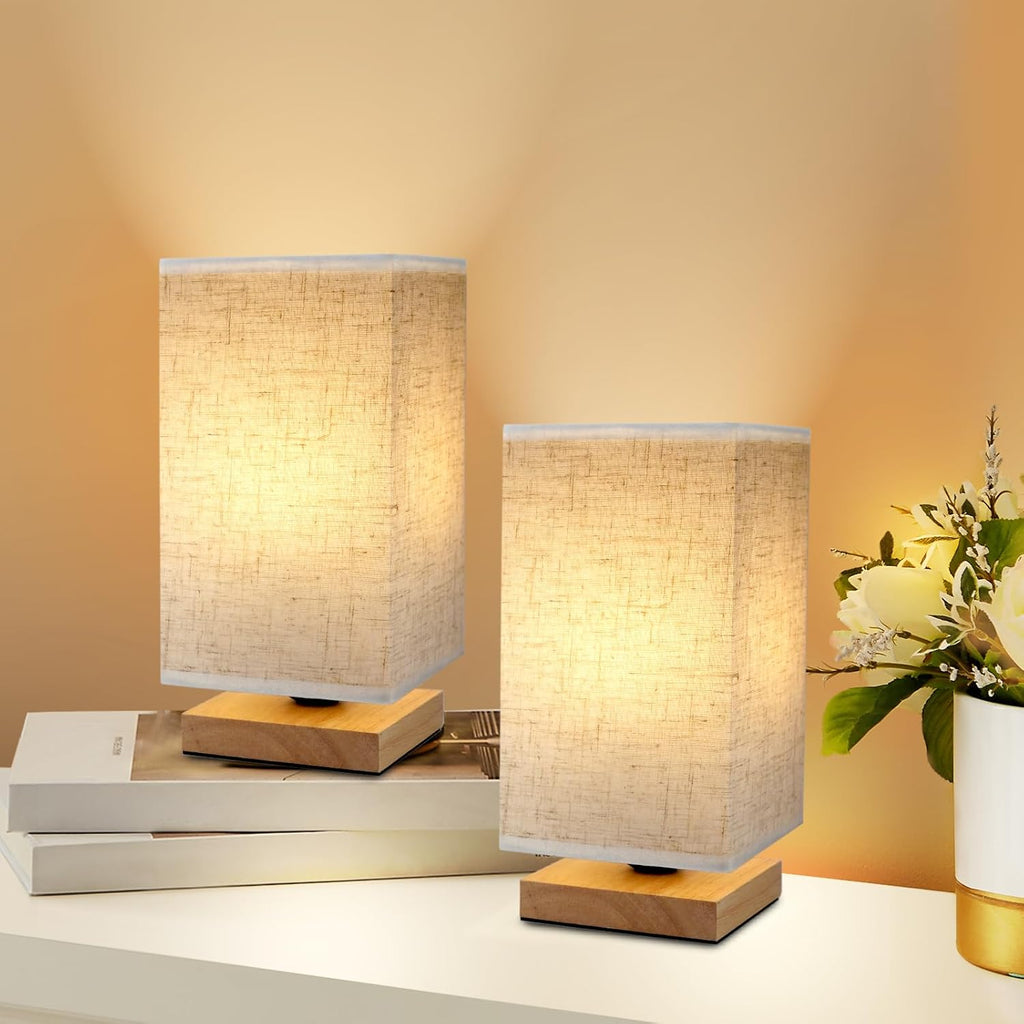 Small Bedside Table Lamp for Bedroom, Minimalist Wood Base & Round Fabric Shade, Mini Cute Cozy Warm White Nightstand Boho Lamp, Study Desk Night Stand Light for Room, Dorm, Nursery, Living Room