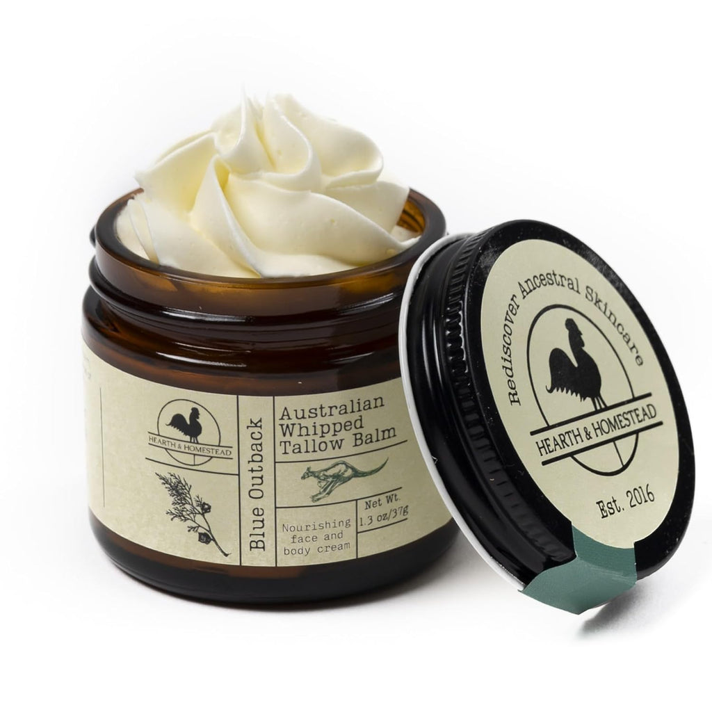 Hearth and Homestead: Handmade Whipped Tallow Balm (Unscented/Herb-Infused) - Organic Body Butter with Infused Olive Oil, for Eczema, Rosacea, Baby - 1.3 oz