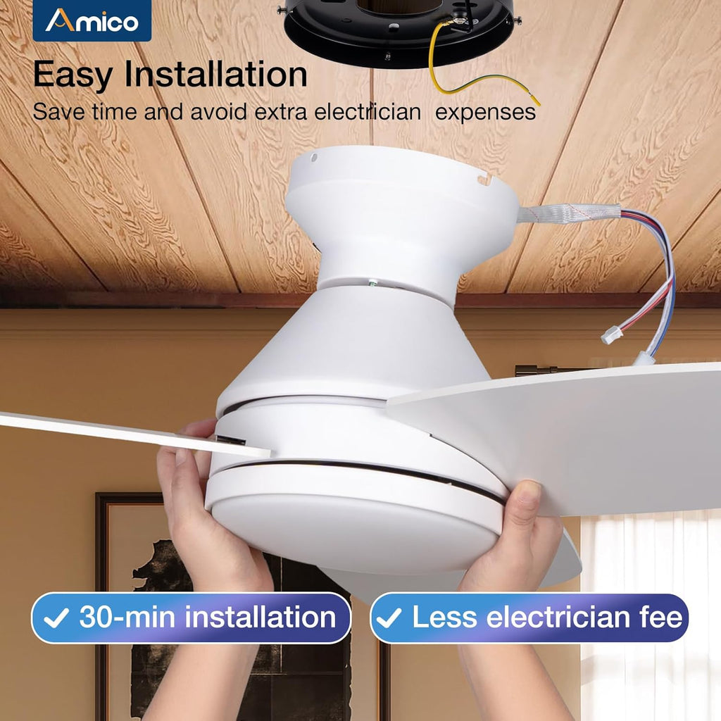 Amico Ceiling Fans with Lights, 42 inch Low Profile Ceiling Fan with Light and Remote Control, Flush Mount, Reversible, 3CCT, Dimmable, Noiseless, Black Ceiling Fan for Bedroom, Indoor/Outdoor Use